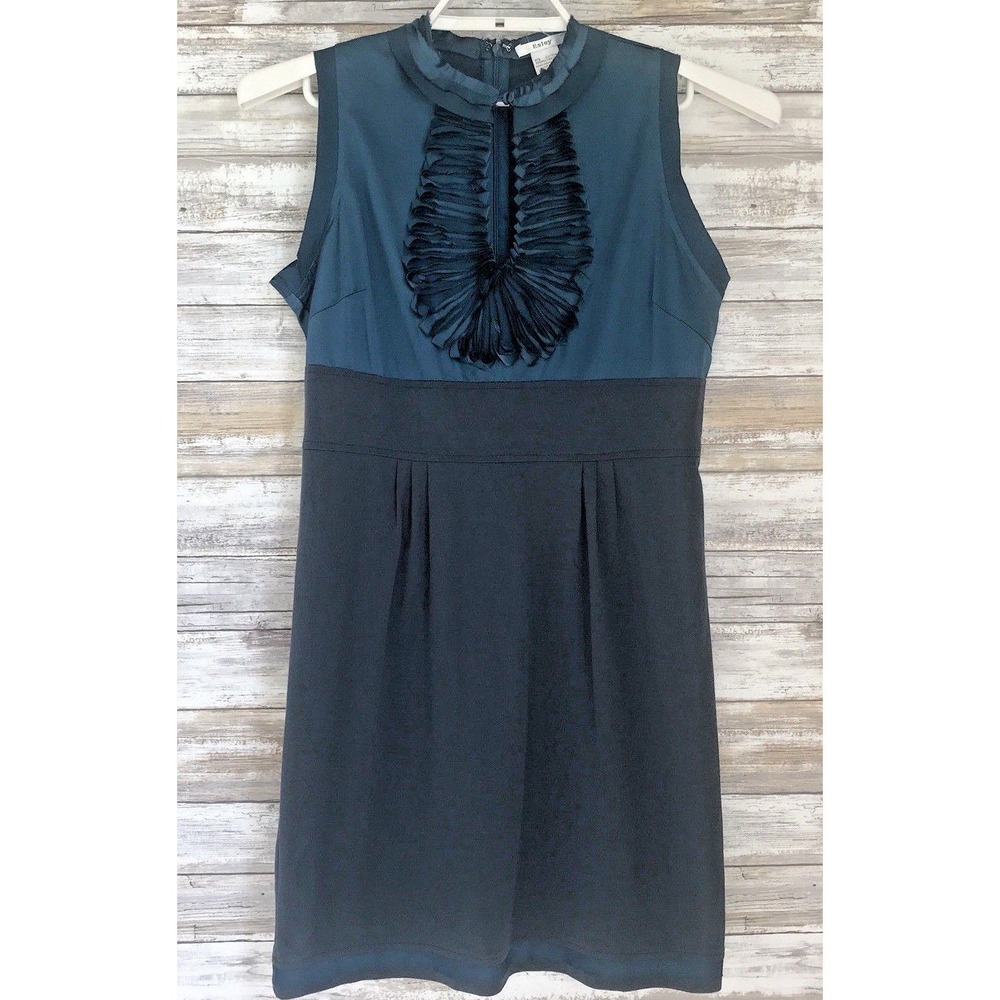 Esley Womens‎ Dress Sz M Sleeveless Blue Green Ruffle Peep Hole Neckline Sheath